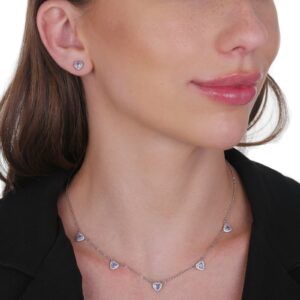 Conjunto Prateado de Coração Lilás Cravejado de Zircônia